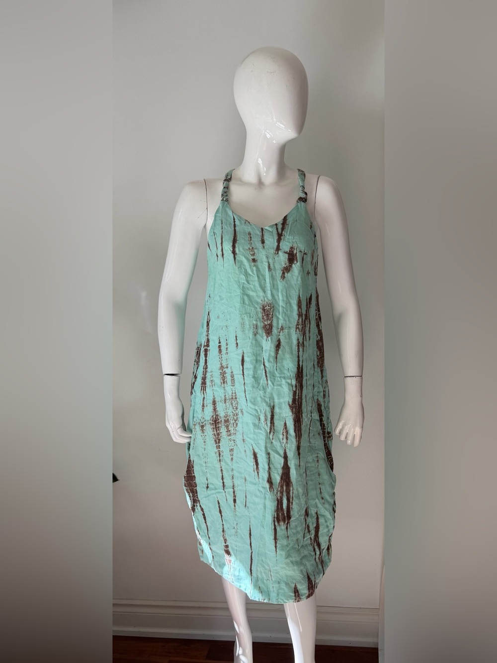 Linen Tie-Dye Midi Dress Aqua Brown Boho Racerback Sleeveless Pocket Dress - Picture 5 of 8
